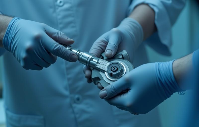 Engineer inspecting a metal component with precision measurement tools.